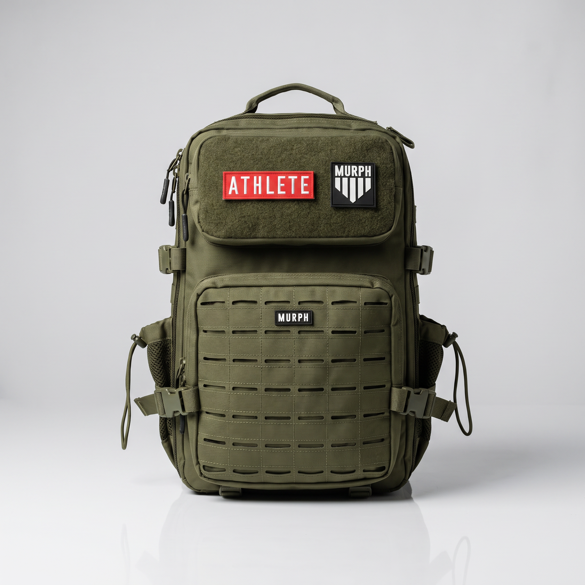 Sac à dos tactique Murph Hero 25L kaki, vue de face avec patchs velcro