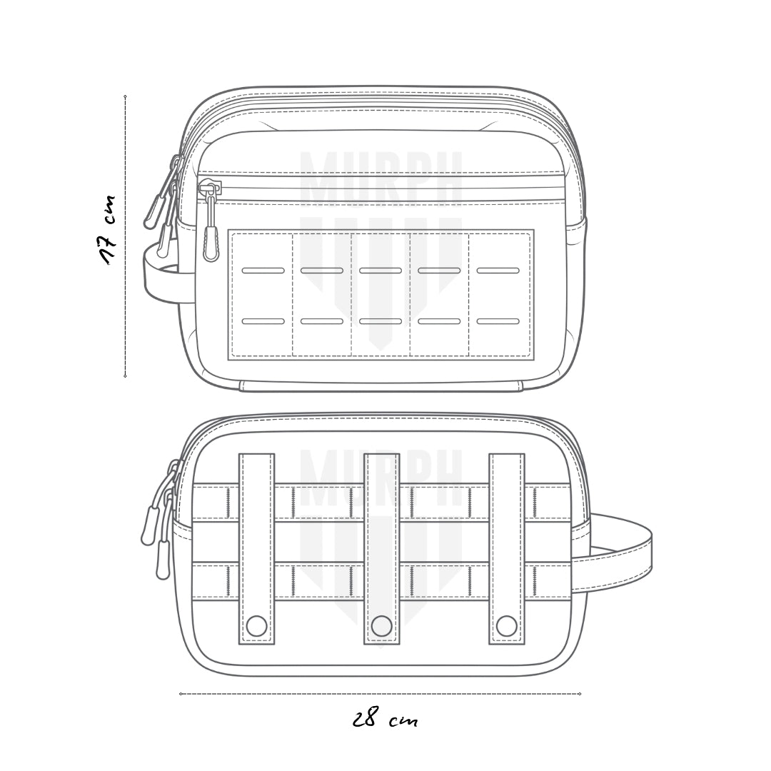 Croquis technique de la trousse de toilette tactique Murph avec ses dimensions : 28 cm de long, 17 cm de haut, 10 cm de profondeur