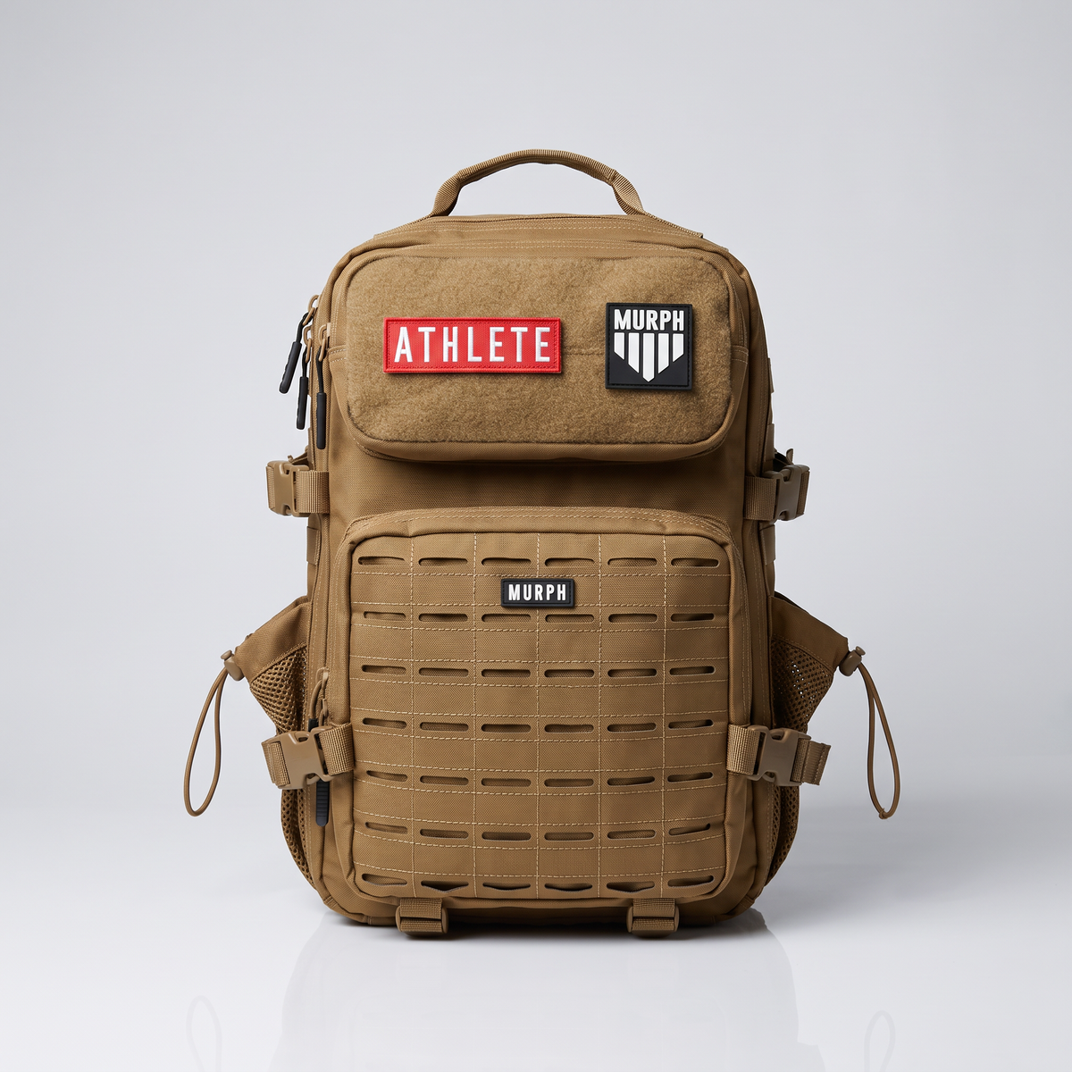 Sac à dos tactique Murph Hero 25L marron, vue de face avec patchs velcro