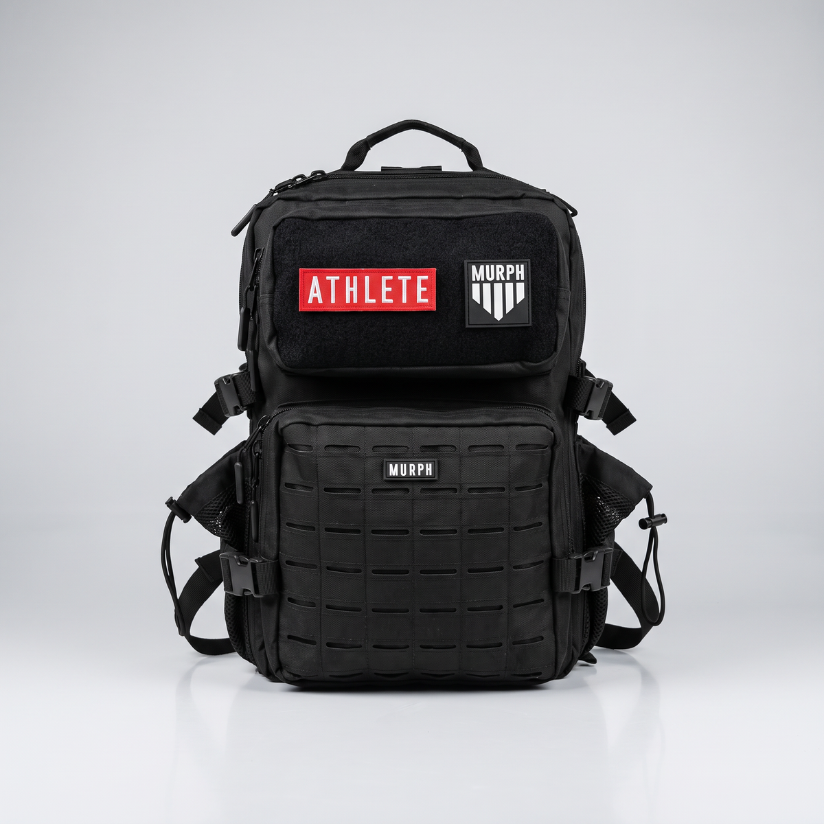 Sac à dos tactique Murph Hero 25L noir, vue de face avec patchs velcro