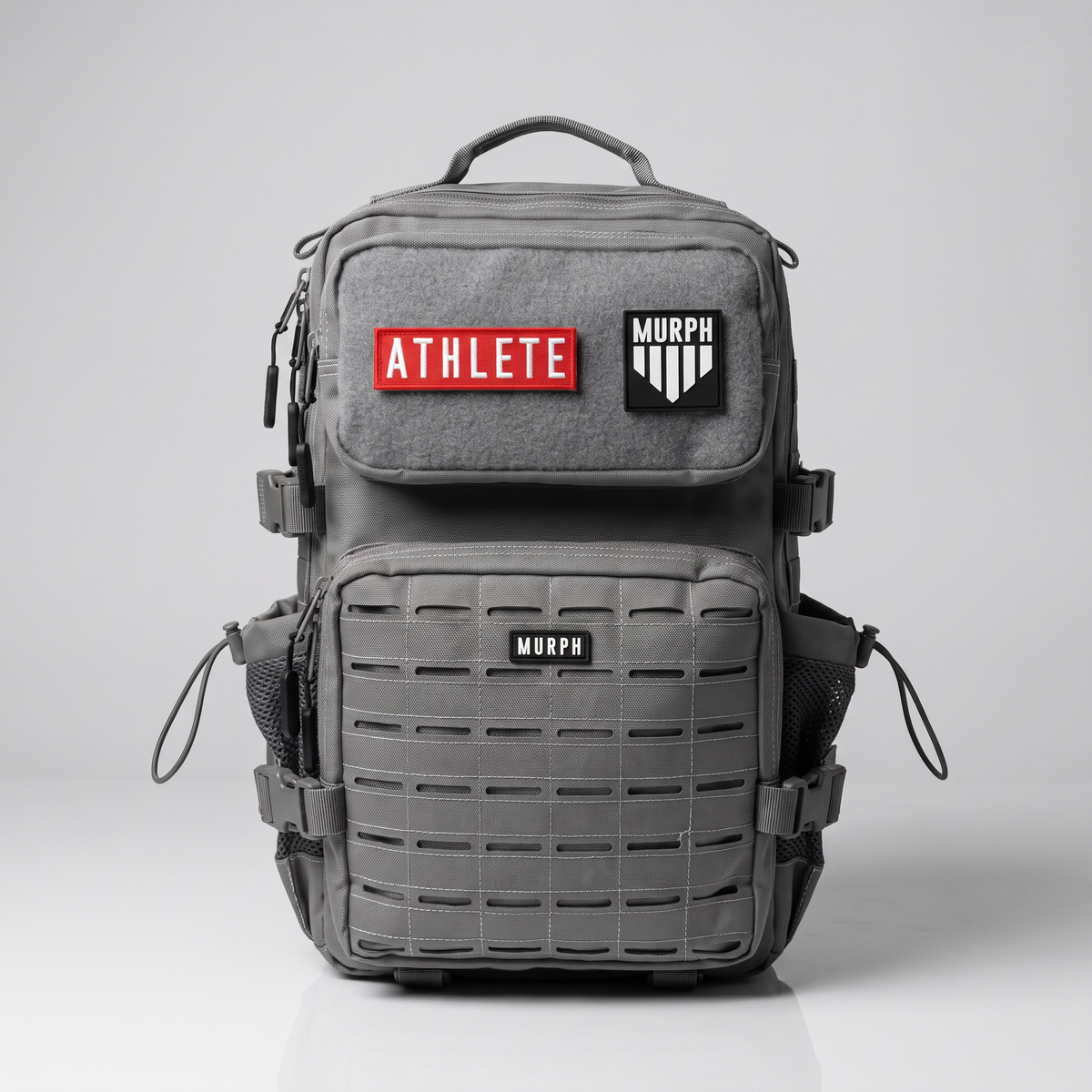 Sac à dos tactique Murph Hero 25L gris, vue de face avec patchs velcro