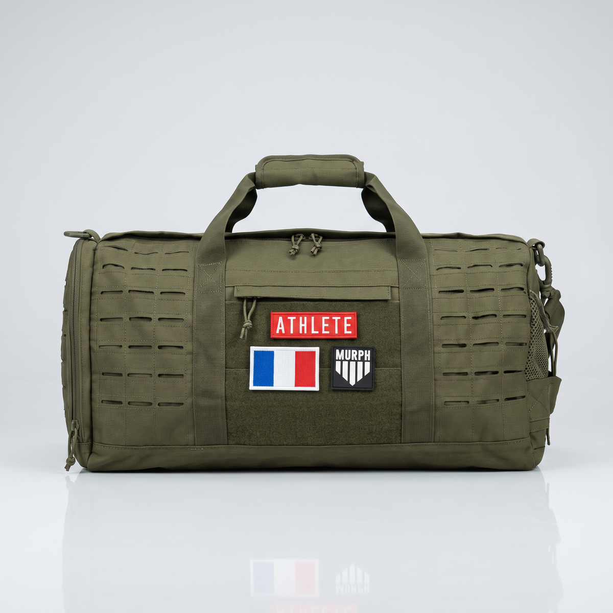 Sac polochon Murph kaki vu de face avec patchs velcro sur le panneau